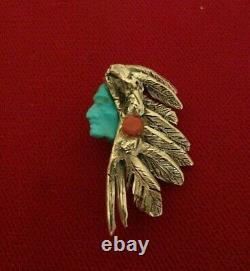 14K YG HEADDRESS PENDANT PIN With CARVED TURQUOISE NATIVE AMERICAN PROFILE