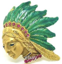 18K Yellow Gold, Ruby & Enamel Native American Head Brooch/Pin