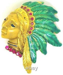 18K Yellow Gold, Ruby & Enamel Native American Head Brooch/Pin