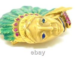 18K Yellow Gold, Ruby & Enamel Native American Head Brooch/Pin