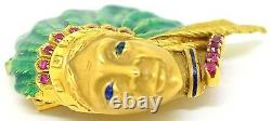 18K Yellow Gold, Ruby & Enamel Native American Head Brooch/Pin