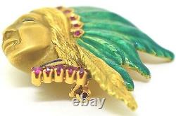 18K Yellow Gold, Ruby & Enamel Native American Head Brooch/Pin