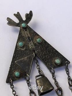1920's Dead Pawn Sterling Silver Turquoise Pueblo House TP Pin Dangle Pendant