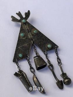 1920's Dead Pawn Sterling Silver Turquoise Pueblo House TP Pin Dangle Pendant