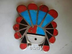 1940's Zuni Flush Inlay Sterling Sunface Pin Pendant