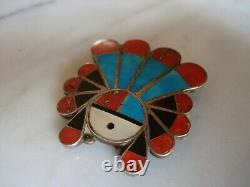 1940's Zuni Flush Inlay Sterling Sunface Pin Pendant