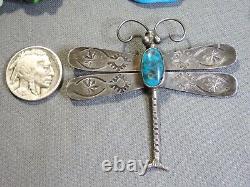 1960+ NAVAJO Natural RED MOUNTAIN TURQUOISE Sterling Silver 2.5 DRAGONFLY Pin