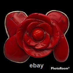 1970sVtg navajo Rose Flower Sterling Silver 950 Red Coral hand carved pin Brooch