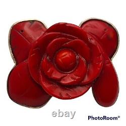1970sVtg navajo Rose Flower Sterling Silver 950 Red Coral hand carved pin Brooch