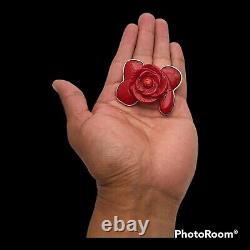 1970sVtg navajo Rose Flower Sterling Silver 950 Red Coral hand carved pin Brooch