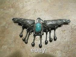 2 5/8 VERY OLD NAVAJO INDIAN MADE Coin Silver Turquoise THUNDERBIRD Pin