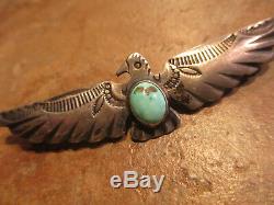 2 7/8 EXTRA OLD Fred Harvey Era Navajo Sterling Turquoise THUNDER BIRD Pin