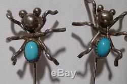 2 Spider Hair Pins Turquoise Old Pawn Sterling Silver Brooch Navajo Handmade