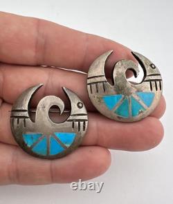2 Vintage Hopi Sandcast Sterling Silver Flush Turquoise Bird Brooch Pin 2