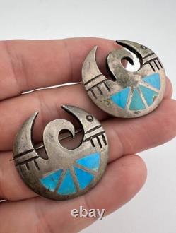 2 Vintage Hopi Sandcast Sterling Silver Flush Turquoise Bird Brooch Pin 2