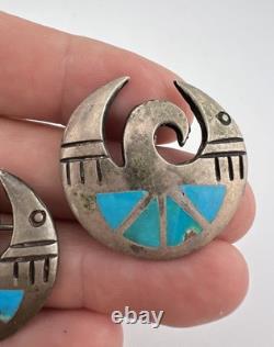 2 Vintage Hopi Sandcast Sterling Silver Flush Turquoise Bird Brooch Pin 2