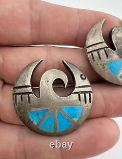 2 Vintage Hopi Sandcast Sterling Silver Flush Turquoise Bird Brooch Pin 2