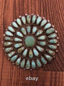 2 Wide Old Pawn Native Zuni Coin Silver Petit Point Turquoise Brooch / Pin