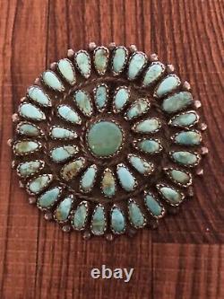 2 Wide Old Pawn Native Zuni Coin Silver Petit Point Turquoise Brooch / Pin