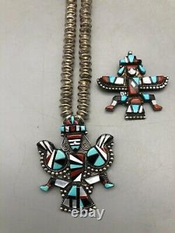 2 Zuni Inlay Pins/Pendants Plus Sterling Silver Necklace