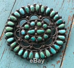 22g Large Old Zuni Sterling Silver Turquoise Petit Point Brooch Pin 2.25 X 2