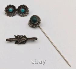 3 Navajo Silver Vintage Pins Whirling Logs Turquoise Malachite