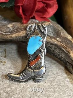 32. Vintage 925 Sterling Silver COWBOY BOOT Turquoise Coral Lapel pin 33mm