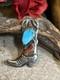 32. Vintage 925 Sterling Silver Cowboy Boot Turquoise Coral Lapel Pin 33mm