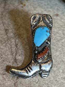 32. Vintage 925 Sterling Silver COWBOY BOOT Turquoise Coral Lapel pin 33mm