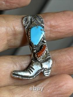 32. Vintage 925 Sterling Silver COWBOY BOOT Turquoise Coral Lapel pin 33mm