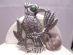 3D Blue Jay Turquoise Bird Brooch Pin Sterling Silver Signed Made N Mexico