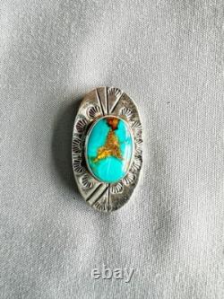 40s Navajo Dine' sterling silver turquoise deep stamped Oval pin/brooch