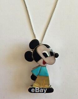 48 Hr SALE! Native American MICKEY MOUSE Turquoise Pin Pendant Sterling Chain