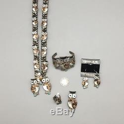 5 Pieces! Vintage Inlay Owl Necklace, Bracelet, Pin, Ring & Earring Set ZUNI