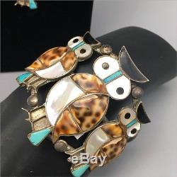 5 Pieces! Vintage Inlay Owl Necklace, Bracelet, Pin, Ring & Earring Set ZUNI