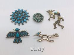 5 Vintage Navajo Native American Sterling Silver Cluster & Bird Turquoise Pins