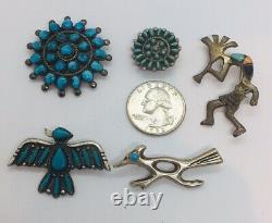 5 Vintage Navajo Native American Sterling Silver Cluster & Bird Turquoise Pins