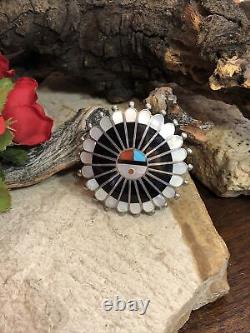 5. ZUNI 925 Sterling Silver SUN FACE Multi Stone Inlay Native American pin 2