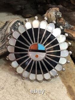 5. ZUNI 925 Sterling Silver SUN FACE Multi Stone Inlay Native American pin 2