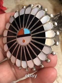 5. ZUNI 925 Sterling Silver SUN FACE Multi Stone Inlay Native American pin 2