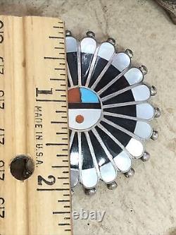 5. ZUNI 925 Sterling Silver SUN FACE Multi Stone Inlay Native American pin 2