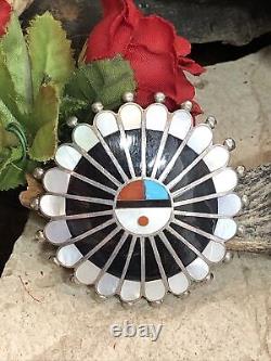 5. ZUNI 925 Sterling Silver SUN FACE Multi Stone Inlay Native American pin 2