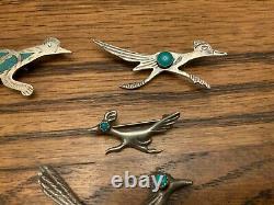 9 Vintage Native American Sterling Turquoise Roadrunner Pins & 1 Mexico # 619