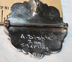 925 Silver Sunface Turquoise Mop Pin Pendant Hand Signed A. Dishta Zuni Sterling