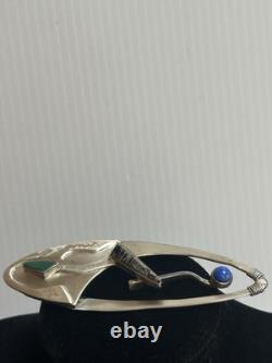 925 Ster. Silver Artisan Native American 3.25pin Brooch 17g Lapis Turquoise Agat