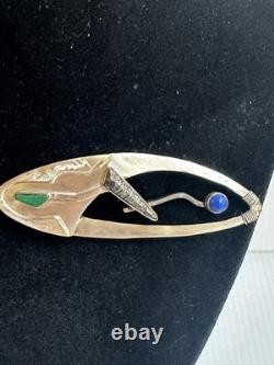 925 Ster. Silver Artisan Native American 3.25pin Brooch 17g Lapis Turquoise Agat