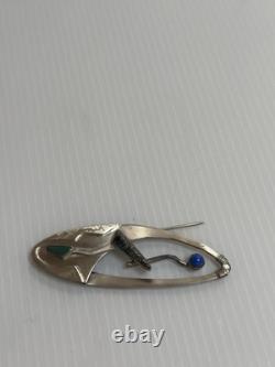925 Ster. Silver Artisan Native American 3.25pin Brooch 17g Lapis Turquoise Agat