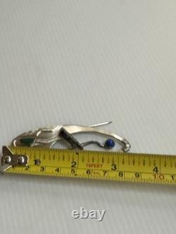 925 Ster. Silver Artisan Native American 3.25pin Brooch 17g Lapis Turquoise Agat