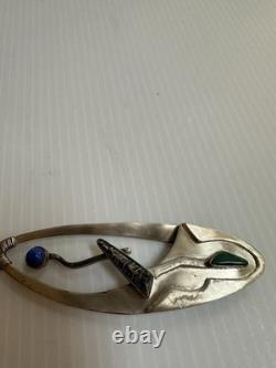 925 Ster. Silver Artisan Native American 3.25pin Brooch 17g Lapis Turquoise Agat