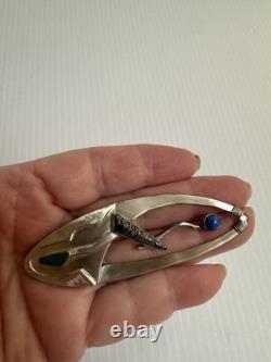 925 Ster. Silver Artisan Native American 3.25pin Brooch 17g Lapis Turquoise Agat